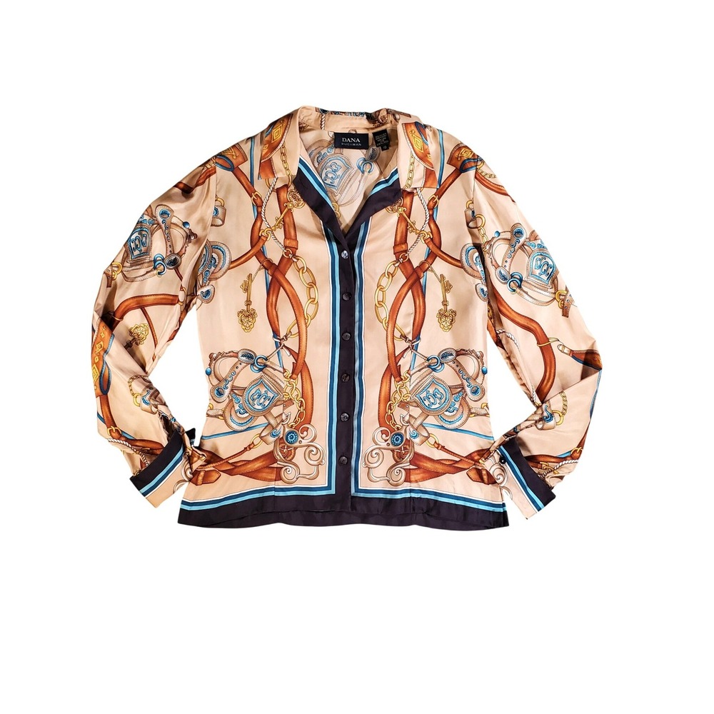 VTG Dana Buchman 100% Silk Equestrian Chain Print Button Blouse Tan Blue Sz 10